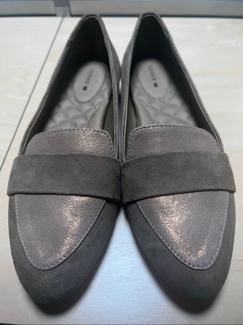 Brand New Birdies Women's Tan Suede Loafers with Metallic Accent